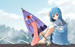 Rule 34 | 1girl, :o, alternate costume, arm on knee, blouse, blue eyes, blue hair, blue skirt, blue sky, blush, branch, capelet, cloud, commentary request, day, fingernails, forest, geta, hair between eyes, heterochromia, highres, holding, holding umbrella, isetan mashira, karakasa obake, knees up, long sleeves, looking at viewer, nature, open mouth, outdoors, pleated skirt, red eyes, shirt, short hair, sitting, skirt, sky, snow, solo, tatara kogasa, tongue, tongue out, touhou, umbrella, white shirt