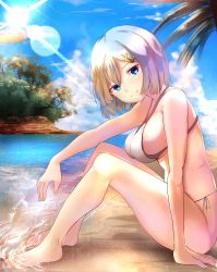 Rule 34 | 10s, 1girl, absurdres, arm at side, bare arms, bare legs, bare shoulders, barefoot, bikini, blue eyes, blue sky, breasts, closed mouth, collarbone, day, feet, full body, grey ribbon, hair ornament, hairclip, hamakaze (kancolle), highres, hizagawa rau, horizon, kantai collection, large breasts, lens flare, looking at viewer, ocean, outdoors, palm tree, plant, shore, short hair, side-tie bikini bottom, side ponytail, sideboob, silver hair, sitting, sky, soaking feet, solo, summer, sun, sunlight, swimsuit, tareme, toes, tree, white bikini