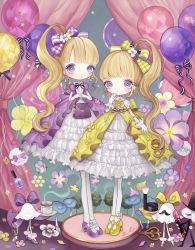 Rule 34 | 2girls, balloon, blonde hair, blunt bangs, bow, cup, curtains, dress, frilled dress, frills, full body, gloves, grey eyes, hair bow, hand up, highres, long hair, looking at viewer, multiple girls, original, plaid, plaid bow, purple bow, purple dress, purple footwear, shirosaki london, shoes, short sleeves, side ponytail, standing, steam, striped, striped bow, very long hair, white gloves, yellow bow, yellow dress, yellow footwear