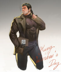 Rule 34 | 1boy, absurdres, bara, black coat, black gloves, black hair, black pants, black shirt, blue eyes, box, chris redfield, cigarette, coat, covered abs, facial hair, gloves, happy valentine, highres, holding, holding box, laoziwai xingren, large pectorals, male focus, muscular, muscular male, open clothes, open coat, pants, pectorals, resident evil, resident evil 6, shirt, short hair, solo