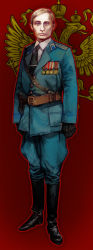 Rule 34 | 1boy, aged down, arms at sides, belt, blonde hair, blue eyes, boots, communism, expressionless, formal, gloves, jacket, kgb, looking at viewer, male focus, medal, military, military jacket, necktie, pants, pants tucked in, real life, realistic, russia, short hair, solo, standing, suit, vladimir putin, yurizuka (sergeant heart)