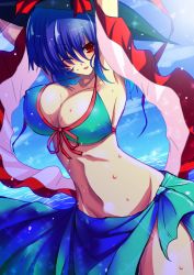 Rule 34 | 1girl, armpits, arms up, bad id, bad pixiv id, beach, bikini, blue hair, breasts, cleavage, cloud, crescent, day, frills, front-tie top, hair ribbon, hat, large breasts, lips, long hair, nagae iku, one eye closed, open mouth, outdoors, red eyes, ribbon, sarong, shawl, short hair, sky, smile, solo, sousakubito, strap gap, swimsuit, touhou, water, wink