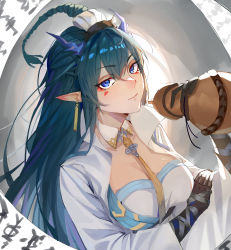 Rule 34 | 1girl, absurdres, arknights, black gloves, blue eyes, blue hair, braid, breasts, cleavage, closed mouth, coat, collarbone, detached collar, earrings, elbow gloves, eyeshadow, gloves, gourd, highres, holding, jewelry, large breasts, ling (arknights), lipstick, long hair, long sleeves, looking at viewer, makeup, necktie, open clothes, open coat, pointy ears, scroll, shirt, solo, soranoki, upper body, very long hair, white coat, white shirt, wide sleeves, yellow necktie