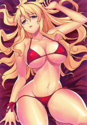Rule 34 | 1girl, blonde hair, bra, breasts, female focus, freezing (series), highres, kim kwang hyun, large breasts, lying, navel, non-web source, official art, on back, reminiscence: freezing illustrations, satellizer el bridget, scan, solo, underwear
