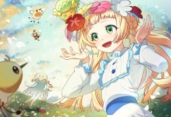 Rule 34 | 1girl, :d, absurdres, blonde hair, braid, buttons, cloud, comfey, commentary, creatures (company), cutiefly, day, dress, eyelashes, falling petals, flower, game freak, gen 7 pokemon, grass, green eyes, hands up, highres, holding, holding flower, lillie (nihilego), lillie (pokemon), long hair, long sleeves, musical note, nihilego, nintendo, open mouth, outdoors, petals, pokemon, pokemon (anime), pokemon (creature), pokemon journeys, pokemon swsh111, ribombee, shi mohaji, sky, smile, symbol-only commentary, ultra beast, watermark, white dress