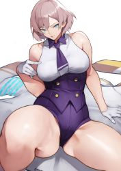 Rule 34 | 1girl, absurdres, bare shoulders, blue eyes, breasts, coat, gloves, gridman universe, half gloves, highres, large breasts, light brown hair, looking at viewer, mujina, necktie, purple necktie, short shorts, shorts, sitting, solo, ssss.dynazenon, thighs, unworn coat, yoshio (55level)