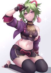 Rule 34 | 1girl, absurdres, arm up, black shirt, black shorts, black thighhighs, breasts, commentary request, crop top, cropped jacket, genshin impact, gradient background, green hair, grey background, hair between eyes, hand up, highres, jacket, kirima (user danf8787), kneeling, kuki shinobu, looking at viewer, midriff, navel, open clothes, open jacket, parted lips, purple eyes, purple jacket, shirt, short hair, short shorts, shorts, small breasts, solo, stomach, thighhighs, thighs