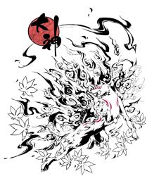 Rule 34 | amaterasu (ookami), bodypaint, fire, full body, greyscale, leaf, monochrome, no humans, oboro keisuke, ookami (game), open mouth, simple background, spot color, sun, white background, wolf