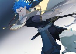 Rule 34 | 1boy, age regression, aged down, animal, blue hair, bodysuit, bodysuit under clothes, braid, braided ponytail, capelet, child, cu chulainn (fate), dog, earrings, fate/grand order, fate (series), highres, holding, holding polearm, holding weapon, hood, hooded capelet, jewelry, male focus, multicolored hair, muscular, muscular child, nakii, polearm, puffy pants, puppy, red eyes, samoyed (dog), setanta (fate), simple background, smile, spiked hair, sword, two-tone hair, weapon, white background, white dog