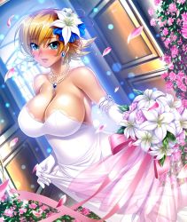Rule 34 | 00s, 1girl, alternate costume, bare shoulders, beads, blonde hair, blue eyes, blue gemstone, blush, bouquet, bow, breasts, cleavage, cowboy shot, day, diffraction spikes, door, doorway, dress, dutch angle, earrings, elbow gloves, eyebrows, flipped hair, flower, from side, gem, gloves, hair beads, hair between eyes, hair flower, hair ornament, hair ribbon, highres, holding, holding bouquet, igawa sakura, indoors, jewelry, kagami hirotaka, lace, lace-trimmed dress, lace-trimmed gloves, lace trim, large breasts, lilith-soft, lily (flower), lipstick, looking at viewer, makeup, necklace, no bra, nose blush, official art, open door, orange hair, parted lips, pearl necklace, pendant, pink bow, pink flower, pink lips, pink ribbon, pink rose, purple flower, purple rose, ribbon, rose, shiny skin, short hair, sideboob, skirt hold, smile, solo, standing, strapless, strapless dress, sunlight, taimanin (series), taimanin asagi, taimanin asagi kessen arena, tears, tile floor, tiles, transparent, wedding dress, white bow, white dress, white flower, white gloves, window