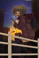 Rule 34 | 1girl, blonde hair, blunt bangs, blush, boku no hero academia, cardigan, coat, double bun, fence, hair bun, highres, looking back, messy hair, open mouth, pleated skirt, scarf, sidelocks, sitting, skirt, solo, thighhighs, toga himiko, yellow eyes