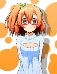 Rule 34 | 10s, 1girl, arms behind back, bespectacled, breasts, cleavage, cleavage cutout, clothing cutout, female focus, furuse (fullset), glasses, highres, kosaka honoka, long sleeves, looking at viewer, love live!, love live! school idol project, meme attire, one side up, open-chest sweater, orange hair, ribbed sweater, simple background, small breasts, solo, striped clothes, striped sweater, sweater, turtleneck, upper body