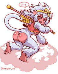 Rule 34 | 10s, 1girl, 2016, :d, ass, breasts, cloud, from behind, full body, fur, gender request, genderswap, journey to the west, long hair, looking back, monkey girl, monkey tail, monster girl, open mouth, pink eyes, shake-o, sideboob, simple background, smile, solo, staff, sun wukong, tail, twitter username, vest, white background, white hair