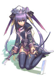 Rule 34 | 1girl, angry, black thighhighs, broken, crown, cuboon, female focus, full body, highres, japanese clothes, kneeling, long hair, purple eyes, purple hair, sangokushi taisen, serious, solo, sword, thighhighs, touhaku, twintails, weapon, white background