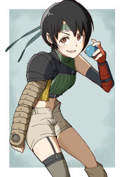 Rule 34 | 1girl, absurdres, arm at side, armor, black hair, boots, border, breasts, brown eyes, brown footwear, brown shorts, commentary, cowboy shot, crop top, final fantasy, final fantasy vii, fingerless gloves, forehead protector, garter straps, gloves, gradient background, green background, green sweater, grey thighhighs, haldeco, hand up, headband, highres, holding, knee boots, left-handed, looking at viewer, materia, midriff, open fly, orange gloves, outside border, parted lips, partially fingerless gloves, pauldrons, ribbed sweater, short hair, short shorts, shorts, shoulder armor, single bare shoulder, single pauldron, single thighhigh, sleeveless, sleeveless sweater, sleeveless turtleneck, small breasts, solo, squatting, standing, sweater, swept bangs, thighhighs, turtleneck, upturned eyes, v-shaped eyebrows, white border, yuffie kisaragi