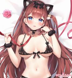 Rule 34 | 1girl, animal ears, areola slip, ayamy, ayamy (vtuber), bdsm, black bra, black panties, blue eyes, blush, bra, breasts, brown hair, cat ears, cat hair ornament, cleavage, collar, commentary, hair ornament, hair ribbon, highres, indie virtual youtuber, lace, lace-trimmed bra, lace trim, large breasts, leash, lingerie, long hair, looking at viewer, navel, panties, pet play, ribbon, slave, smile, solo, stomach, symbol-only commentary, underwear, virtual youtuber