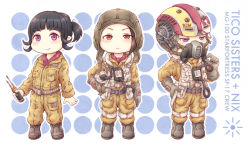 Rule 34 | 1boy, 2girls, animification, black hair, blue eyes, blush, brown gloves, chibi, gloves, hand on own hip, helmet, looking down, multiple girls, nix jerd, nosh, paige tico, pilot suit, ponytail, purple eyes, red eyes, rose tico, science fiction, smile, star wars, star wars: the last jedi, v-shaped eyebrows