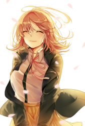 Rule 34 | 1girl, alti meizi, beige skirt, black jacket, breasts, closed eyes, closed mouth, clothes lift, danganronpa (series), danganronpa 2: goodbye despair, flipped hair, hair between eyes, jacket, jacket lift, large breasts, light brown hair, nanami chiaki, open clothes, open jacket, out of frame, pink ribbon, pleated skirt, ribbon, shirt, short hair, simple background, skirt, smile, solo, white background, white shirt, wind