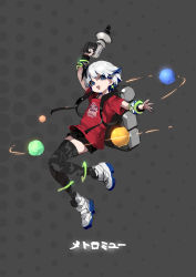 Rule 34 | 1girl, absurdres, arm up, backpack, bag, black shorts, black thighhighs, blue eyes, blue hair, bracelet, earrings, grey bag, grey hair, gun, hair ornament, highres, holding, holding gun, holding weapon, jewelry, multicolored hair, open mouth, orbit, original, patterned, patterned background, patterned clothing, planet, red shirt, science fiction, shirt, shisantian, short hair, shorts, single earring, sketch, smile, solo, star (symbol), star earrings, t-shirt, thighhighs, translation request, weapon, white footwear