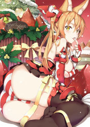 Rule 34 | 1girl, absurdres, animal ears, armor, ass, bare shoulders, bell, bikini, black dress, black thighhighs, blonde hair, blush, breasts, cake, christmas, christmas lights, christmas ornaments, christmas tree, commentary request, detached sleeves, dress, elbow gloves, finger to mouth, fingerless gloves, food, food in mouth, fox ears, from behind, fruit, gloves, hair between eyes, hand up, headgear, highres, holly, large breasts, light particles, long hair, looking at viewer, looking back, merry christmas, microdress, open mouth, original, oversized object, red armor, red background, red bikini, red gloves, red ribbon, ribbon, santa costume, shiny skin, solo, strapless, strapless dress, strawberry, striped bikini, striped clothes, swimsuit, thighhighs, tongue, tongue out, twintails, whipped cream, white bikini, yellow eyes, yellow ribbon, zelitto