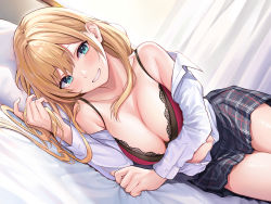 Rule 34 | 1girl, bed, bed sheet, black skirt, blonde hair, blouse, blue eyes, bra, breasts, cleavage, collarbone, collared shirt, curtains, duplicate, grin, hair between eyes, highres, indoors, lace, lace-trimmed bra, lace trim, large breasts, long sleeves, looking at viewer, lying, nagiha kuten, non-web source, on side, open clothes, open shirt, original, pillow, pixel-perfect duplicate, plaid, plaid skirt, red bra, school uniform, shirt, skirt, smile, solo, underwear, white shirt
