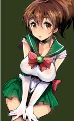 Rule 34 | 10s, 1girl, bad id, bad twitter id, bishoujo senshi sailor moon, bow, bowtie, breasts, brooch, brown background, brown eyes, brown hair, choker, cleavage, commentary, cosplay, elbow gloves, girls und panzer, gloves, green choker, green sailor collar, green skirt, invisible chair, jewelry, koyama yuzu, looking at viewer, medium breasts, miniskirt, nakasone haiji, parted lips, pink bow, pink bowtie, pleated skirt, ponytail, sailor collar, sailor jupiter, sailor jupiter (cosplay), sailor senshi uniform, short hair, short ponytail, short sleeves, simple background, sitting, skirt, solo, tiara, v arms, white gloves