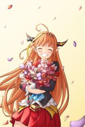 Rule 34 | 1girl, absurdres, ahoge, black jacket, blonde hair, blush, bouquet, bow, brown hairband, closed eyes, commentary, cowboy shot, diagonal-striped bow, dragon girl, dragon horns, dragon tail, english commentary, english text, facing viewer, falling petals, flower, grin, hairband, happy, highres, holding, holding bouquet, hololive, horn bow, horn ornament, horns, jacket, kiryu coco, kiryu coco (1st costume), long hair, miniskirt, multicolored hair, orange hair, petals, pinguinkotak, pink flower, pleated skirt, pointy ears, purple flower, red flower, red skirt, sidelocks, simple background, skirt, smile, solo, streaked hair, striped, striped bow, tail, thank you, very long hair, virtual youtuber, white flower, yellow background