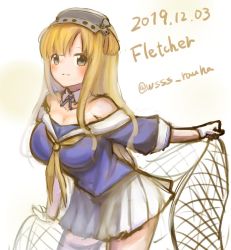 Rule 34 | 1girl, blonde hair, blue eyes, blue shirt, breasts, cargo net, character name, cleavage, commentary request, contrapposto, cowboy shot, dated, double bun, fletcher (kancolle), gloves, hair bun, hairband, kantai collection, large breasts, long hair, looking at viewer, neckerchief, net, off shoulder, one-hour drawing challenge, parted lips, pleated skirt, sailor collar, school uniform, serafuku, shirt, simple background, skirt, smile, solo, standing, thighhighs, twitter username, white background, white gloves, white sailor collar, white skirt, white thighhighs, wss (nicoseiga19993411), yellow neckerchief