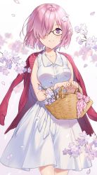 Rule 34 | 1girl, alternate costume, armpit peek, artist name, basket, belt, black-framed eyewear, blush, bow, branch, breast pocket, breasts, buttons, cherry blossoms, collarbone, collared dress, commentary, dress, eyelashes, fate/grand order, fate (series), feet out of frame, floating, floating hair, flower, glasses, grin, hair flower, hair ornament, hair over one eye, hanami, hands up, highres, holding, holding basket, jacket, jacket on shoulders, kuroki (ma-na-tu), light purple hair, light rays, looking at viewer, mash kyrielight, medium breasts, petals, picnic basket, pocket, purple eyes, red jacket, short hair, simple background, sleeveless, sleeveless dress, smile, solo, spring (season), standing, white background, white belt, white dress