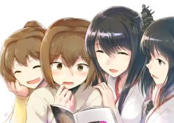 Rule 34 | 4girls, :d, ^ ^, black hair, book, brown eyes, brown hair, closed eyes, ebizome, fusou (kancolle), hair ornament, hyuuga (kancolle), ise (kancolle), japanese clothes, kantai collection, long hair, long sleeves, multiple girls, open mouth, ponytail, short hair, simple background, smile, white background, yamashiro (kancolle)