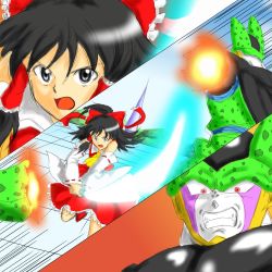 Rule 34 | 1boy, 1girl, armor, black eyes, black hair, bow, cell (dragon ball), crossover, detached sleeves, dragon ball, dragonball z, dress, hair bow, hair ribbon, hair tubes, hakurei reimu, highres, ohoho, open mouth, red eyes, ribbon, sword, touhou, ufufu (nico30280351), weapon, wings