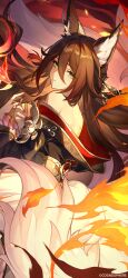 1girl animal_ear_fluff animal_ears bare_shoulders black_kimono brown_hair company_name cowboy_shot fire fox_ears fox_girl fox_tail from_behind fugue_(honkai:_star_rail) green_eyes hair_ornament hair_stick highres honkai:_star_rail honkai_(series) japanese_clothes kimono long_hair looking_at_viewer looking_back multiple_tails nail_polish off_shoulder official_art parted_lips red_nails solo tail tingyun_(honkai:_star_rail)