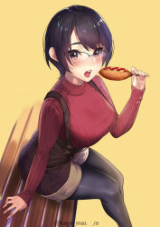 Rule 34 | 1girl, ass, black hair, black pantyhose, blush, breasts, cleavage, corn dog, eating, glasses, highres, kagematsuri, large breasts, looking at viewer, medium breasts, open mouth, original, pantyhose, purple eyes, short hair, sitting, solo, sweater, teeth, tongue, tongue out