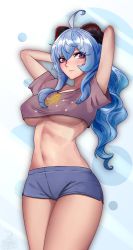 Rule 34 | 1girl, absurdres, adjusting hair, alternate costume, arms behind head, blue hair, breasts, casual, cleavage, collarbone, commentary request, constellation print, contemporary, ganyu (genshin impact), genshin impact, hair between eyes, highres, horns, large breasts, long hair, looking at viewer, low ponytail, navel, purple eyes, shirt, short shorts, short sleeves, shorts, sidelocks, simple background, solo, stomach, t-shirt, underboob, unstableboiler