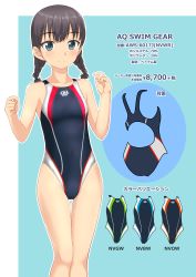 Rule 34 | 1girl, absurdres, black hair, black one-piece swimsuit, blue background, blue eyes, braid, competition swimsuit, cowboy shot, female focus, highres, logo, long hair, looking at viewer, low twintails, one-piece swimsuit, original, price, simple background, smile, solo, standing, stats, swimsuit, takafumi, thigh gap, thighs, translation request, twin braids, twintails, two-tone background, white background