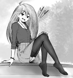 Rule 34 | 1girl, black eyes, blush, breasts, cabronpr, clothes lift, crossed legs, facing viewer, feet, foot focus, formal, heart, highres, knees up, laughing, long hair, looking at viewer, mari (omori), miniskirt, monochrome, no shoes, omori, open mouth, outdoors, pleated skirt, sitting, skinny, skirt, skirt lift, sleeves rolled up, small breasts, smile, solo, teasing, thighhighs, thighs
