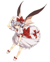 Rule 34 | 1girl, bad id, bad pixiv id, bat wings, blue hair, dress, female focus, full body, hand on headwear, hat, open mouth, red eyes, remilia scarlet, simple background, solo, takemori shintarou, touhou, white background, wings
