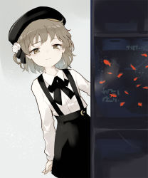Rule 34 | 1girl, animal, asle, bad id, bad pixiv id, beret, black bow, black hat, black ribbon, black skirt, blush, bow, brown eyes, brown hair, closed mouth, collared shirt, commentary request, fish, fish tank, flower, hair flower, hair ornament, hair rings, hat, hatoba tsugu, leaning to the side, long sleeves, mole, mole under eye, ribbon, rose, shirt, skirt, smile, solo, suspender skirt, suspenders, virtual youtuber, water, white flower, white rose, white shirt