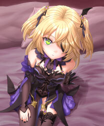 Rule 34 | 1girl, absurdres, bare shoulders, black dress, black gloves, black nails, black pantyhose, black ribbon, black thighhighs, blonde hair, bow, bowtie, breasts, commentary request, dress, eyepatch, fischl (genshin impact), genshin impact, gloves, green eyes, hair ribbon, highres, luizhtx, medium breasts, nail polish, pantyhose, purple bow, purple bowtie, ribbon, single glove, single leg pantyhose, single thighhigh, solo, thighhighs, two side up