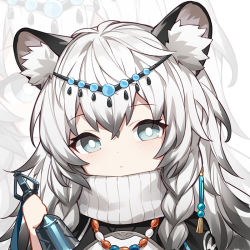 Rule 34 | 1girl, animal ear fluff, animal ears, arknights, bell, cat ears, grey eyes, hair ornament, holding, jewelry, long hair, looking at viewer, multicolored hair, necklace, portrait, pramanix (arknights), quan (kurisu tina), scarf, solo, two-tone hair, white hair, zoom layer
