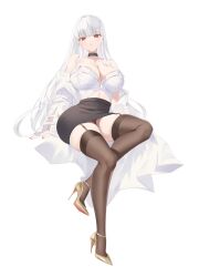 Rule 34 | 1girl, absurdres, breasts, choker, cleavage, full body, garter straps, high heels, highres, jacket, large breasts, long hair, looking at viewer, off shoulder, original, parted lips, pencil skirt, red eyes, skirt, solo, stiletto heels, strappy heels, thighhighs, transparent background, white hair, white jacket, zzo (chorizzzzo)