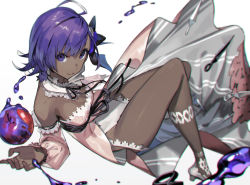 Rule 34 | 1girl, ainezu, apple, bare shoulders, black bow, black ribbon, bow, breasts, cleavage, closed mouth, collar, commentary request, dark-skinned female, dark skin, detached collar, detached sleeves, dress, fate/grand order, fate/prototype, fate/prototype: fragments of blue and silver, fate (series), floating, floating object, food, frilled collar, frills, fruit, hair between eyes, hair bow, hair ornament, hairclip, hassan of serenity (fate), hassan of serenity (lostroom outfit) (fate), kunai, liquid, looking at viewer, lostroom outfit (fate), medium breasts, official alternate costume, open clothes, open dress, pink dress, poison, purple eyes, purple hair, ribbon, short hair, simple background, smile, solo, strapless, strapless dress, thighs, weapon, white background