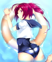 Rule 34 | 10s, 1girl, ass, bad id, bad pixiv id, eon (bottomline), i-168 (kancolle), innertube, kantai collection, long hair, looking at viewer, looking back, one-piece swimsuit, red hair, school swimsuit, school uniform, serafuku, shiny clothes, smile, solo, swim ring, swimsuit, swimsuit under clothes, tomohiro kai, water, wet, wet clothes