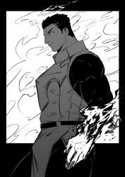 Rule 34 | 1boy, armor, bara, black bodysuit, black hair, bodysuit, breastplate, bulge, facial hair, flaming hand, from side, glowing, glowing eyes, greyscale, halo, highres, hip vent, looking at viewer, male focus, monochrome, multiple monochrome, muscular, muscular male, pectorals, short hair, solo, spot color, stubble, tokyo houkago summoners, zabaniyan, zabaniyya (housamo)