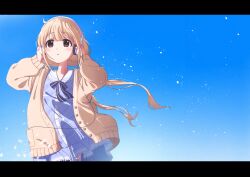 Rule 34 | 1girl, blonde hair, blue background, blue ribbon, blue shirt, blue skirt, blurry, blurry foreground, blush, bow, breasts, brown cardigan, brown eyes, cardigan, dot nose, futaba anzu, hair bow, hands up, headphones, highres, idolmaster, idolmaster cinderella girls, idolmaster cinderella girls starlight stage, letterboxed, long hair, long sleeves, looking at another, low twintails, neck ribbon, open cardigan, open clothes, parted lips, plaid, plaid shirt, ribbon, shirt, simple background, skirt, small breasts, solo, standing, twintails, very long hair, vivid (key)