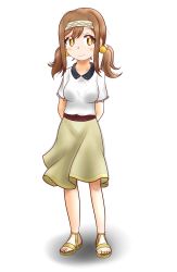 Rule 34 | 1girl, alternate hairstyle, arms behind back, artist name, artist request, bare legs, barefoot, blush, breasts, brown eyes, brown hair, collarbone, collared shirt, feet, female focus, full body, hair between eyes, hair ornament, hairband, headband, highres, kunikida hanamaru, light brown hair, long hair, looking at viewer, love live!, love live! school idol festival, love live! school idol festival all stars, love live! sunshine!!, matching hair/eyes, medium breasts, parted lips, pom pom (clothes), pom pom hair ornament, sandals, shirt, skirt, smile, solo, twintails, vanilla kunikida, white background, white hairband, white headband, white shirt, yellow eyes, yellow footwear, yellow skirt