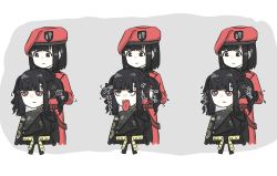 Rule 34 | 2girls, behind another, beret, black dress, black eyes, black hair, brown eyes, coat, commentary request, dress, expressionless, female commander (girls&#039; frontline), girls&#039; frontline, griffin &amp; kryuger military uniform, hat, headgear, highres, long hair, long sleeves, military, military hat, military uniform, mojamozanari, multiple girls, multiple views, nyto (girls&#039; frontline), nimogen (girls&#039; frontline), open mouth, red coat, red headwear, short hair, sidelocks, smile, tongue, tongue out, uniform, upper body