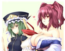 Rule 34 | 2girls, alcohol, breasts, bust cup, cleavage, cup, female focus, green hair, hair bobbles, hair ornament, hat, highres, large breasts, medium breasts, multiple girls, one eye closed, onozuka komachi, red eyes, red hair, rod of remorse, sakazuki, sake, shiki eiki, short hair, touhou, twintails, two side up, wink, yellow eyes, yui.h, yuri