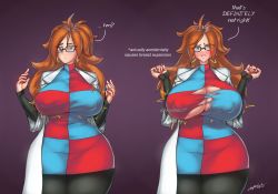 Rule 34 | 1girl, absurdres, android 21, blue eyes, blush, breast expansion, breasts, brown hair, covered erect nipples, curvy, dragon ball, earrings, female focus, glasses, highres, jewelry, la potato, lab coat, large breasts, long hair, ring, solo, sweat, thick thighs, thighs, torn clothes, wide hips
