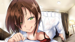 Rule 34 | 1boy, 1girl, aoi tiduru, blouse, blush, bra, breasts, brown hair, bulge, chizurusou (tiduru 39), cleavage, collared shirt, curtains, erection, erection under clothes, girl on top, green eyes, hair over one eye, hetero, indoors, licking lips, looking at viewer, medium breasts, naughty face, open clothes, open shirt, original, pantyhose, pencil skirt, penis, red bra, shirt, skirt, smile, solo focus, sweat, tongue, tongue out, underwear, white shirt